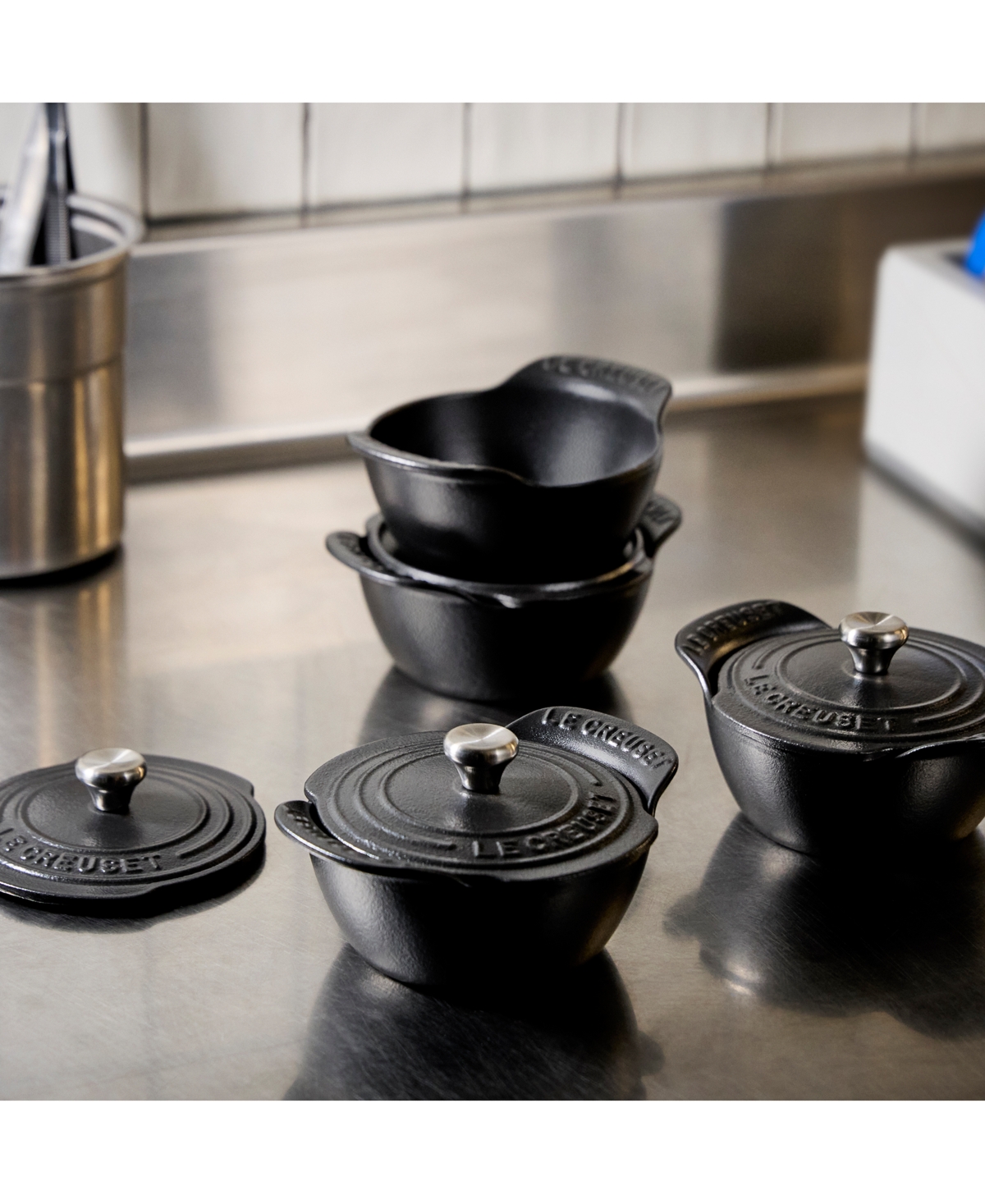 Le Creuset Enameled Cast Iron Covered Mini Round Cocottes, Set Of 4 In Matte Black