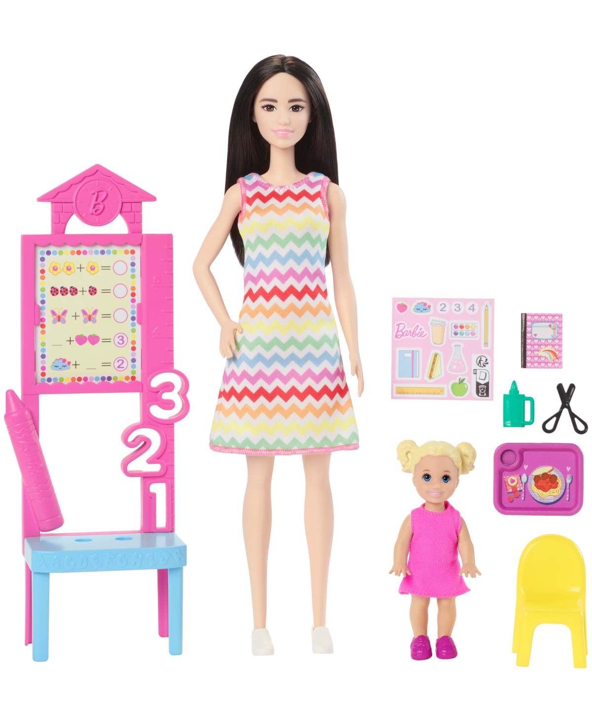 BARBIE TEACHER DOLL WITH BLONDE FASHION DOLL, 1 TODDLER DOLL, & TEACHING ACCESSORIES 