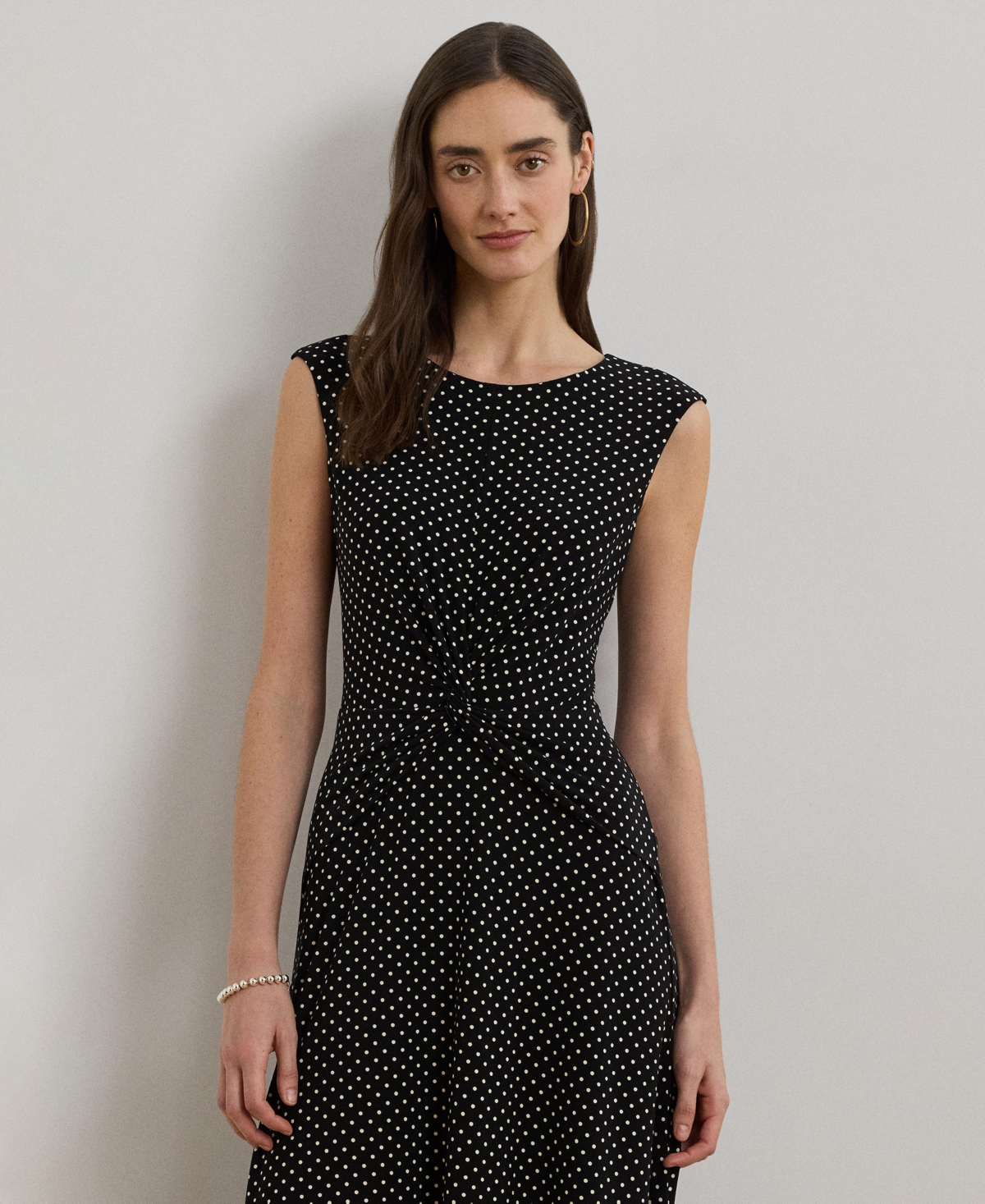 Ralph Lauren Polka-dot Twist-front Jersey Dress In Black,cream