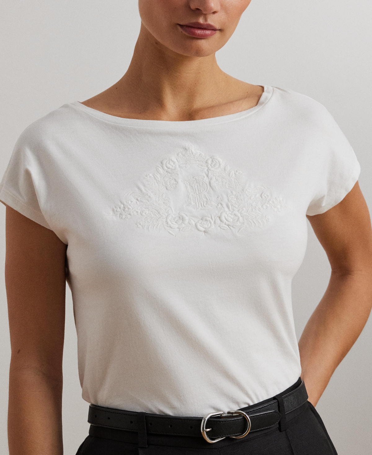 RALPH LAUREN WOMEN'S BEADED-LOGO COTTON JERSEY TEE 