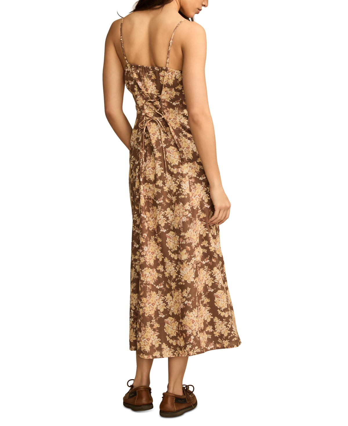 Lucky Brand Floral Lace Trim Button Front Midi Dress In Brown Floral