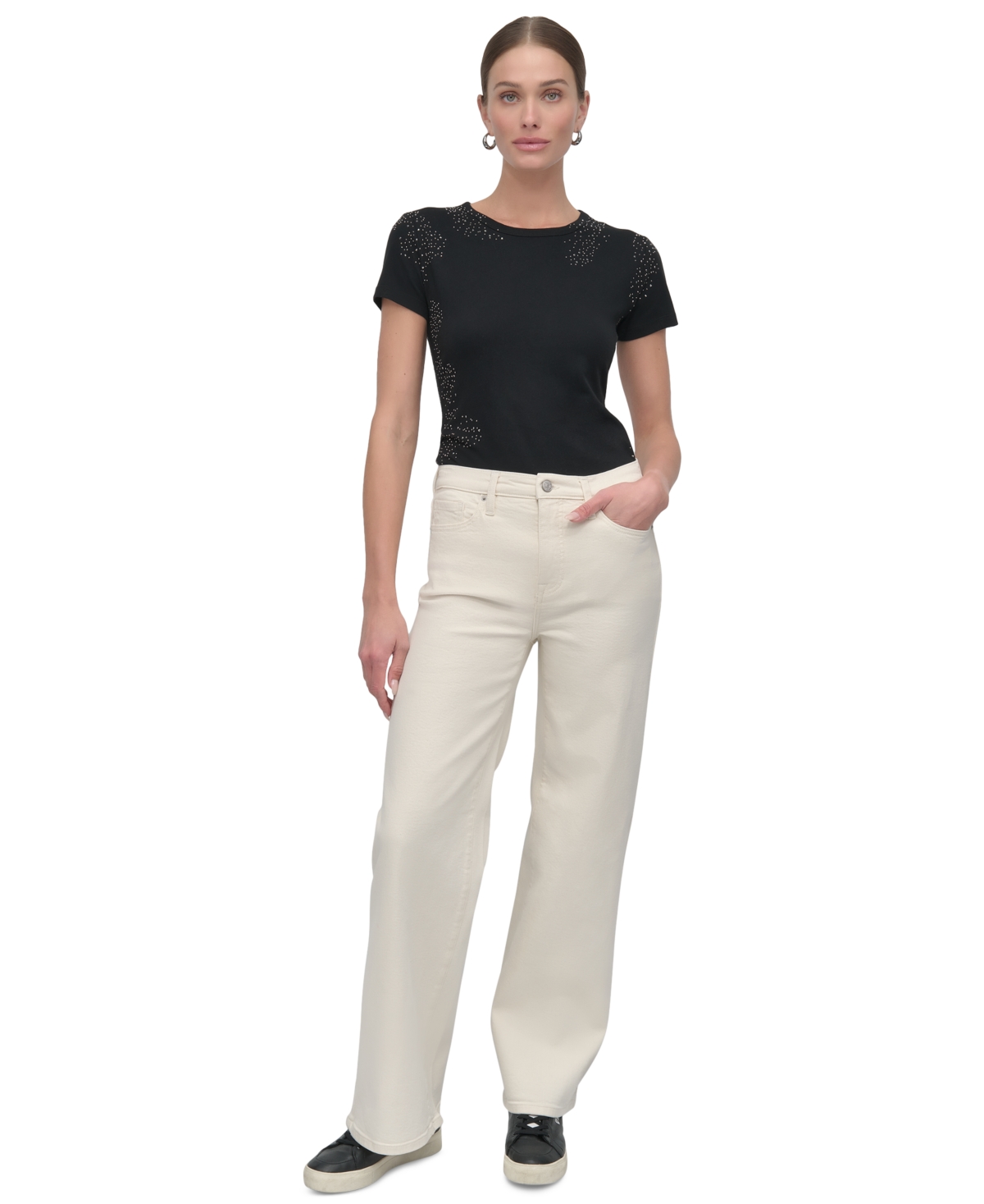 Shop Dkny Jeans Petite Houston High-rise Wide-leg Jeans In Ecru