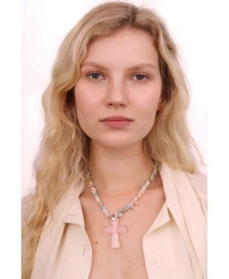 Pink Quartz Beads Cross Pendant Necklace 15.7"