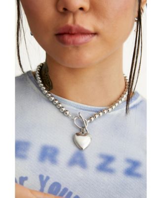 Steel Beads Necklace With Acrylic Heart Charm 16.5″