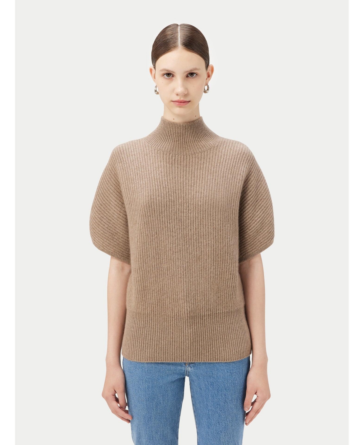 Women's 100% Cashmere Short-Sleeve Turtleneck - Neutral-timber wolf