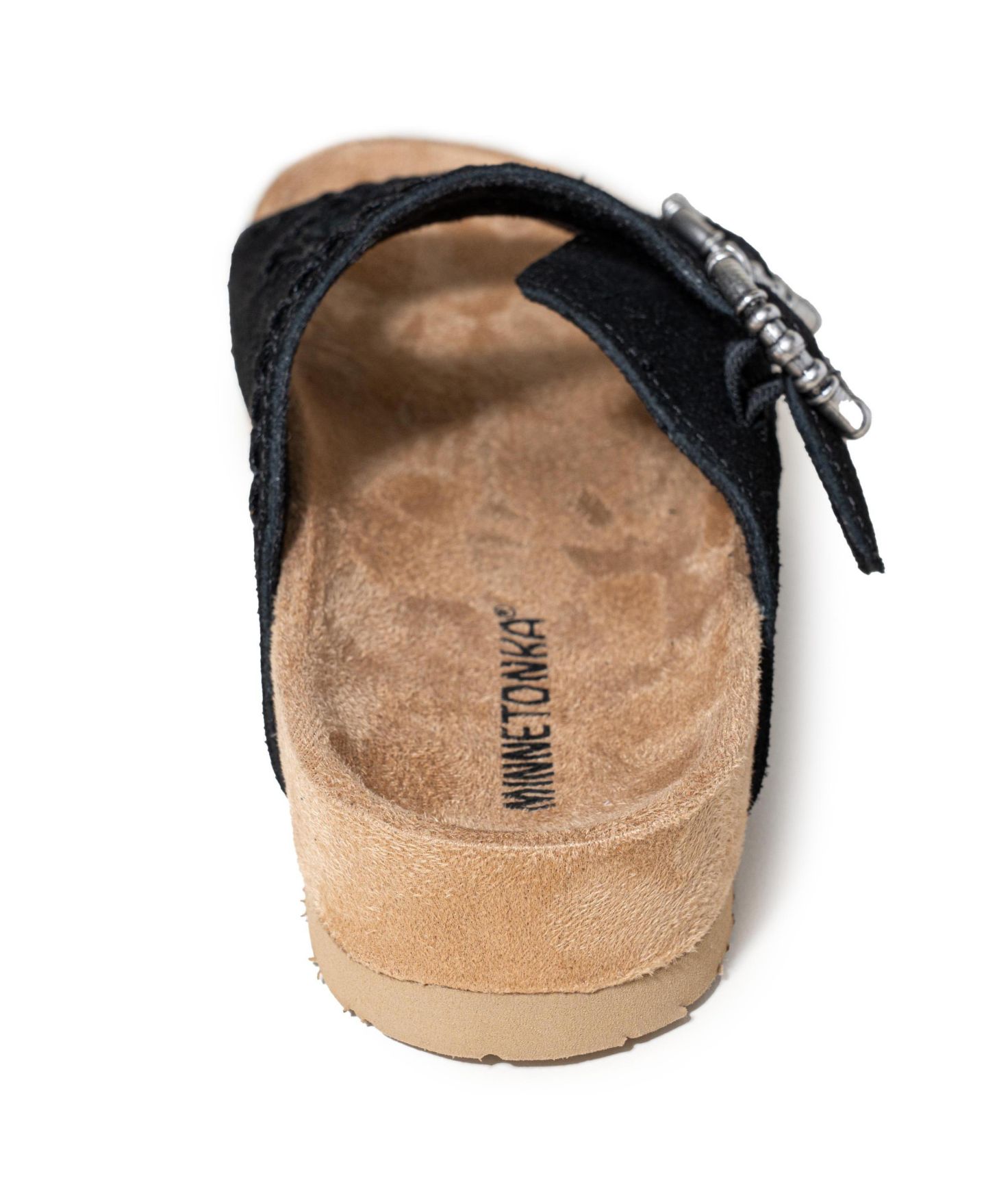 Женские сандалии Minnetonka Georgine Classic Suede Buckle Slide, цвет: Чёрный — фото 4