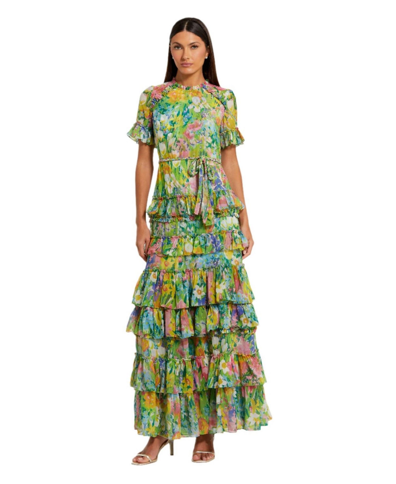 Women's Floral Printed Chiffon Tiered Ruffle Gown