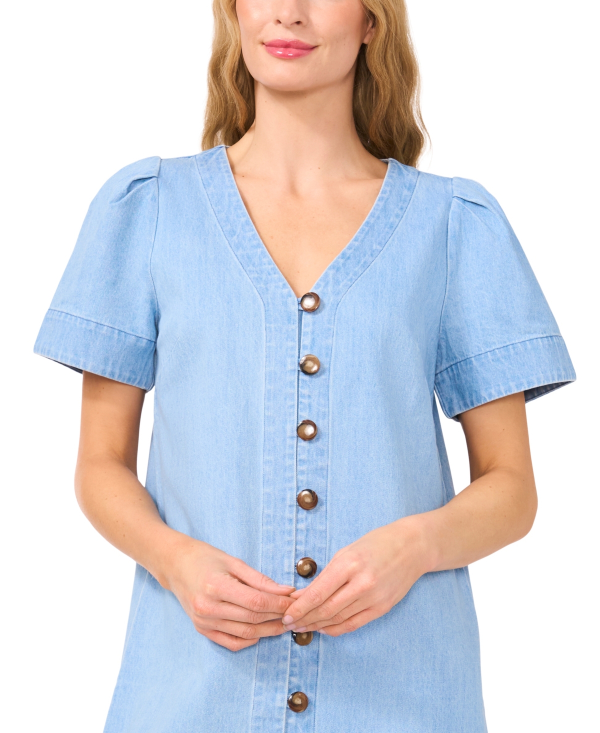 CECE WOMEN'S SHORT SLEEVE BUTTON FRONT V-NECK DENIM DRESS 