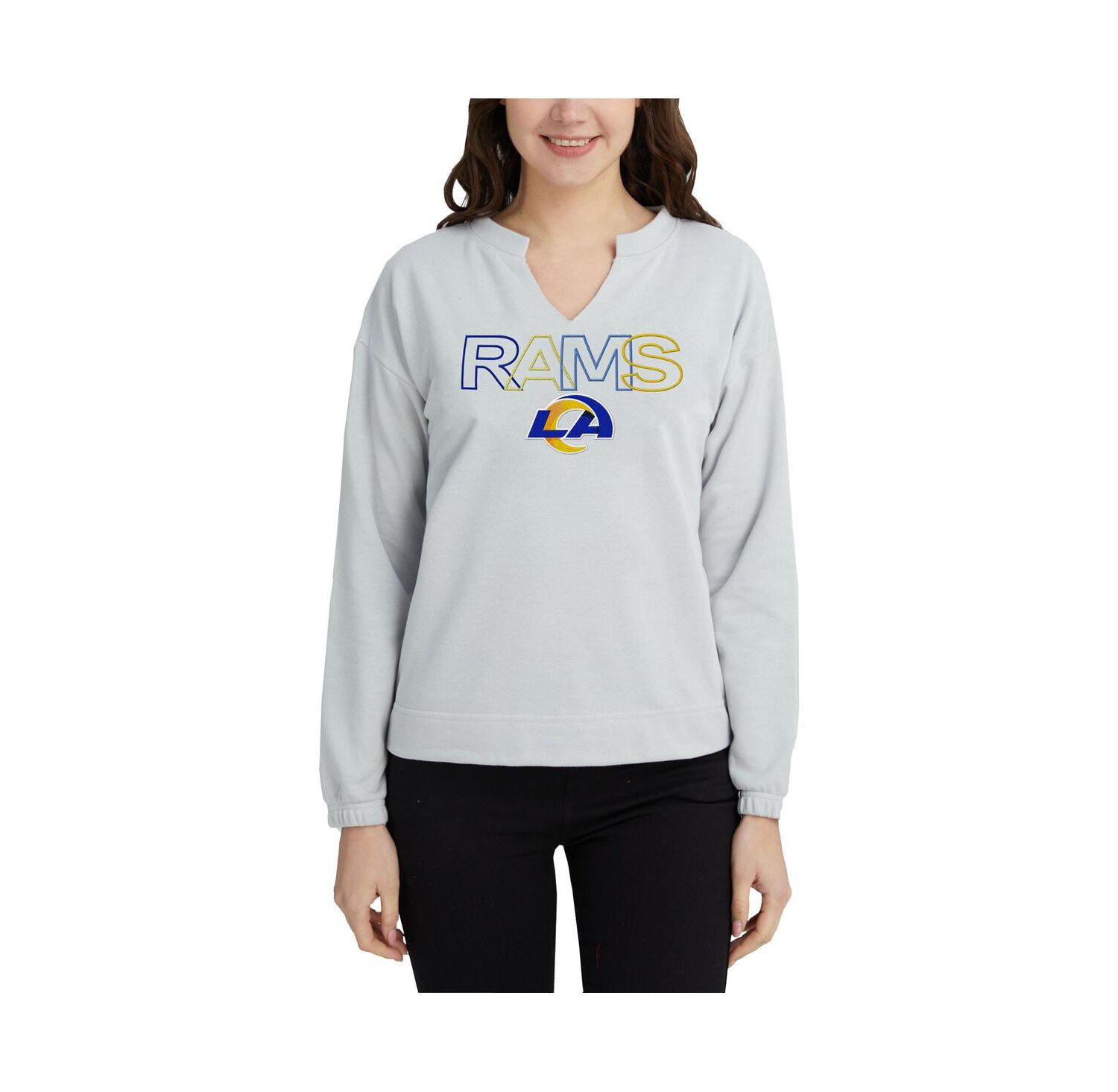 Women's Gray Los Angeles Rams Sunray Notch Neck Long Sleeve T-Shirt