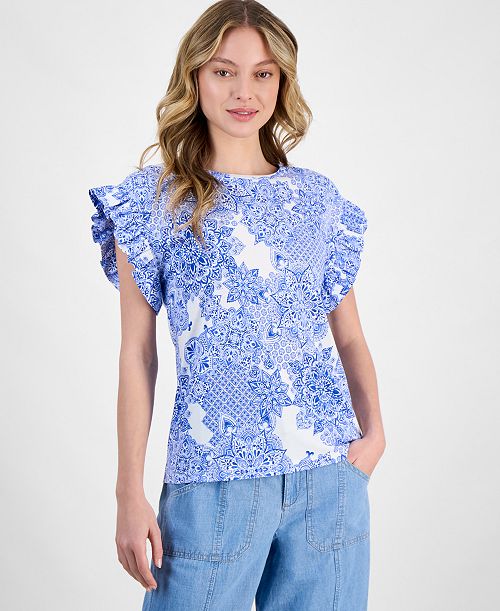 alfani Nautica Jeans Women's Printed Flutter-Sleeve Top Women's Fashion Shoes & Accessories