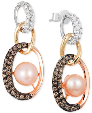 image of Le Vian Freshwater Pearl (7mm) and Diamond (3/4 ct. t.w.) Link Earrings in 14k White, Yellow and Rose Gold
