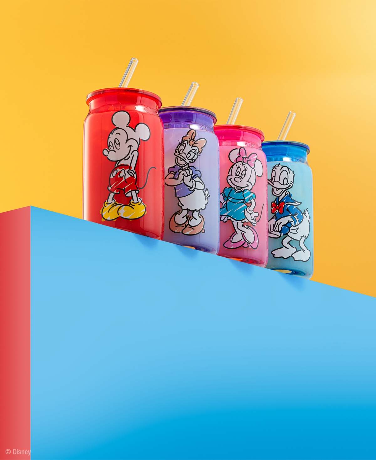 JOYJOLT DISNEY MICKEY MOUSE FRIENDS COLOR SKETCH TUMBLER GLASSES WITH LIDS, SET OF 4 