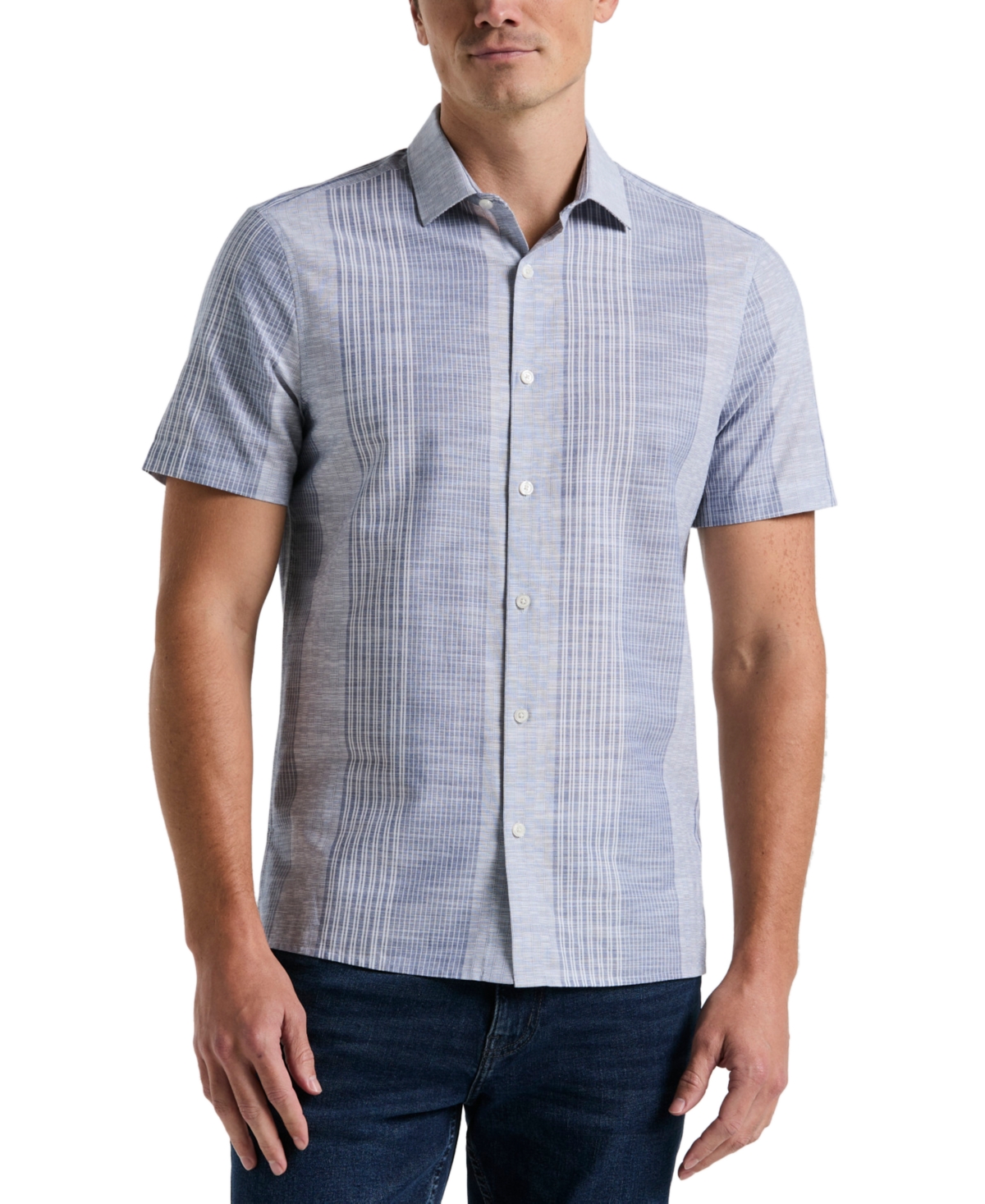 Men's Slub Crepe Striped Print Short Sleeve Button-Front Shirt - Blue Depths