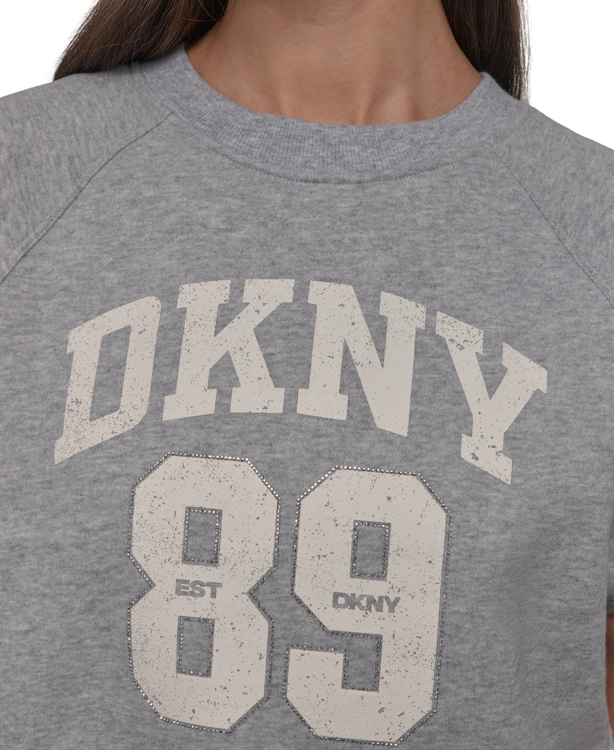 Shop Dkny Sport Women's Rhinestone Logo Cropped Pullover Top In Pearl Grey Heather,eggnog