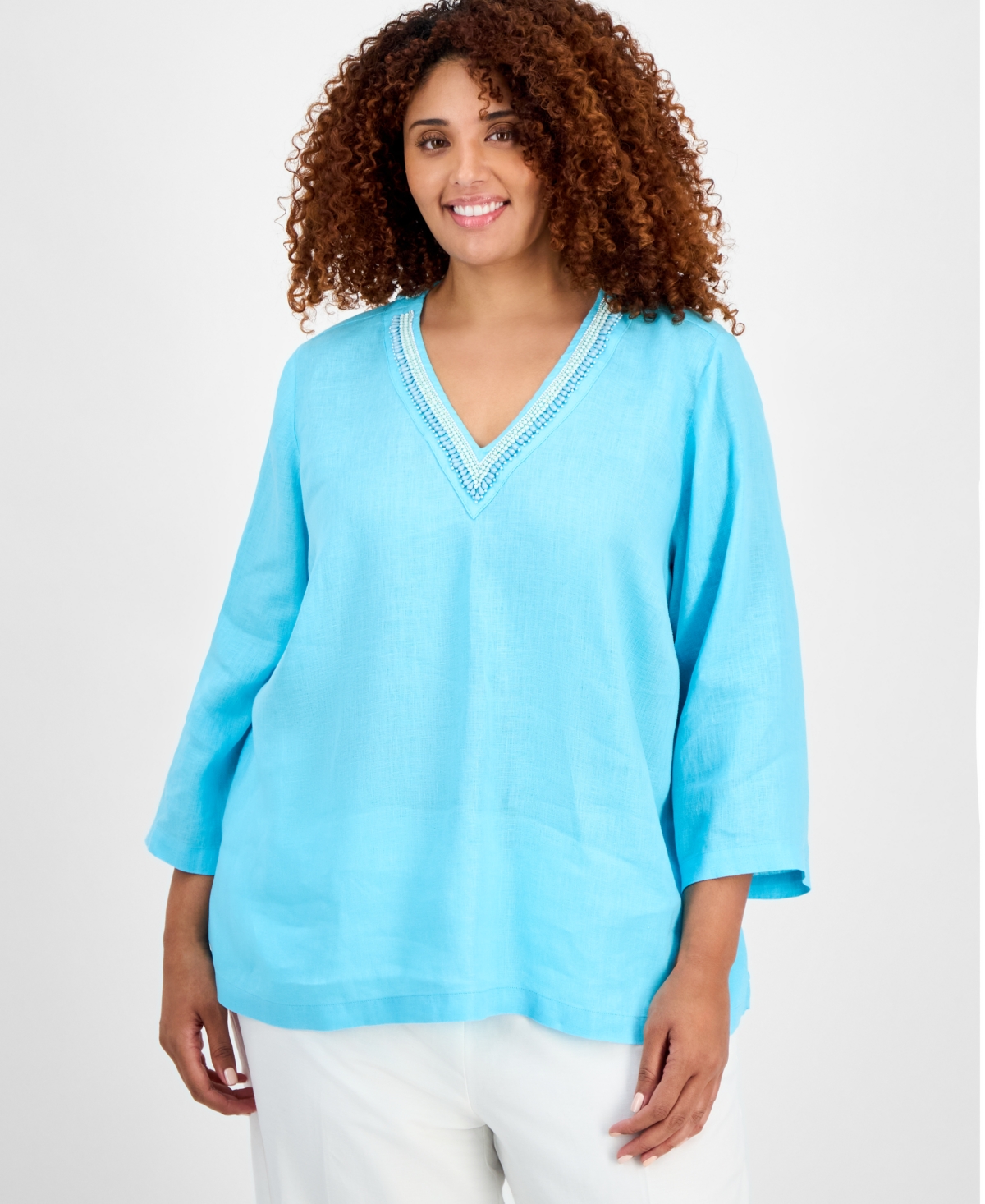 Plus Size Linen Bead-Embellished 3/4-Sleeve Top, Exclusively at Macy's - Light Pool Blue