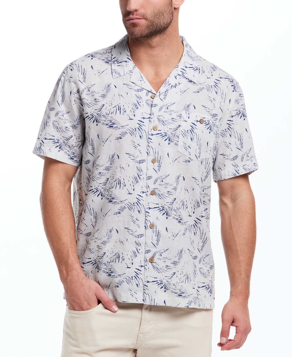 Men's Regular-Fit Palm Frond-Print Button-Down Camp Shirt - Sugar Almond