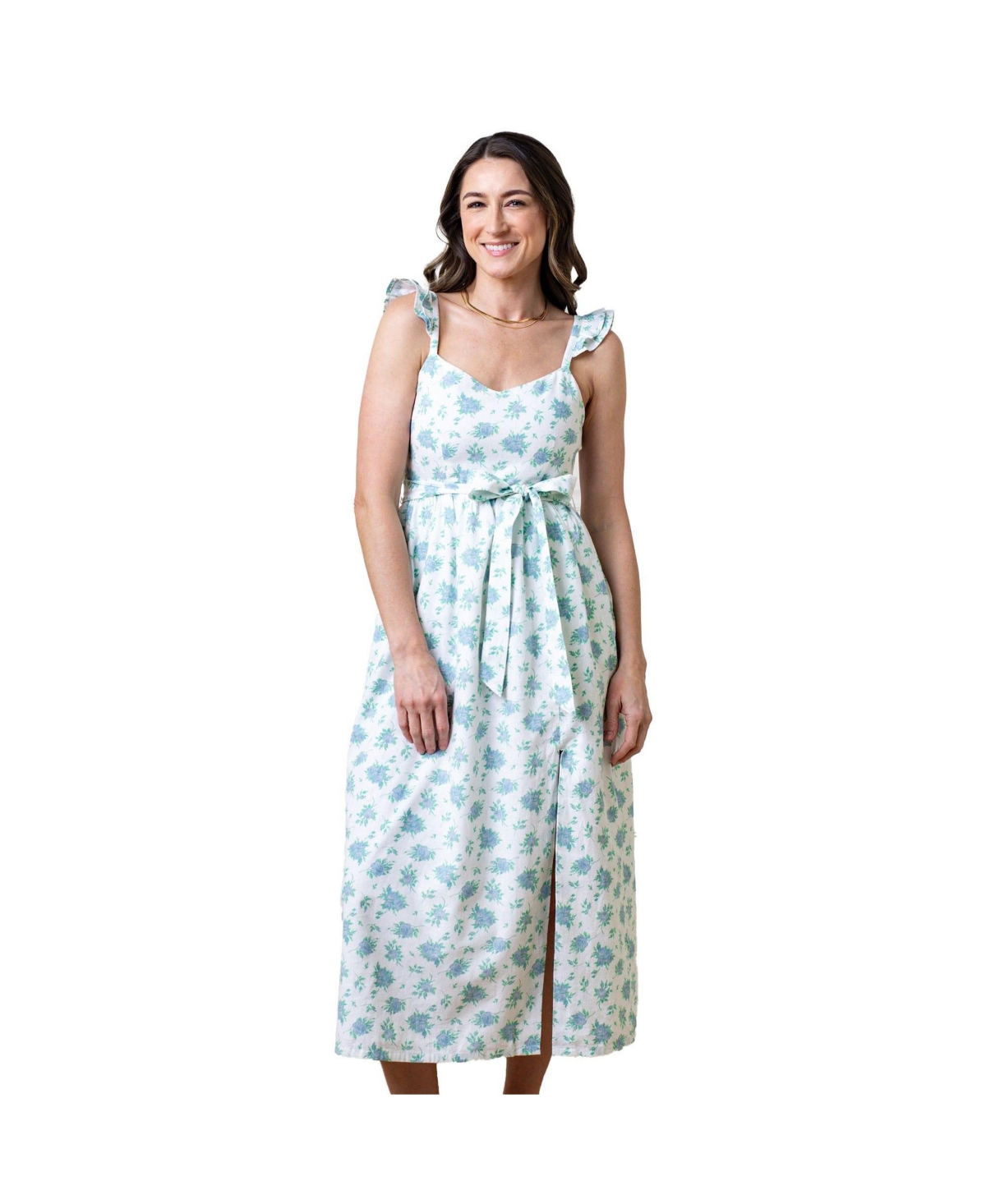 Women's Linen Flutter Sleeve Party Dress with Slit - Coastal cottage floral