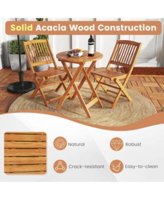 3 PCS Acacia Wood Patio Bistro Set Folding Table & Chairs Set with Cushions