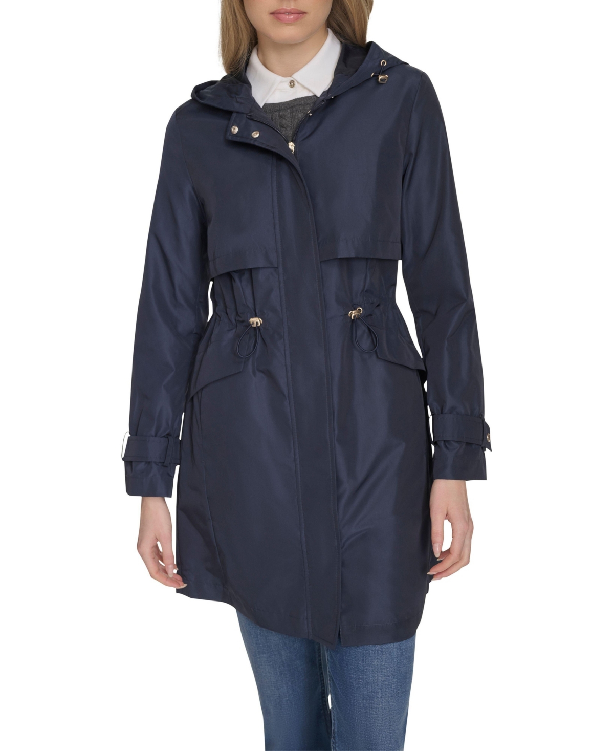Women's 38&#x201D; Zip Up Trench Coat W Set-In Hood - Black
