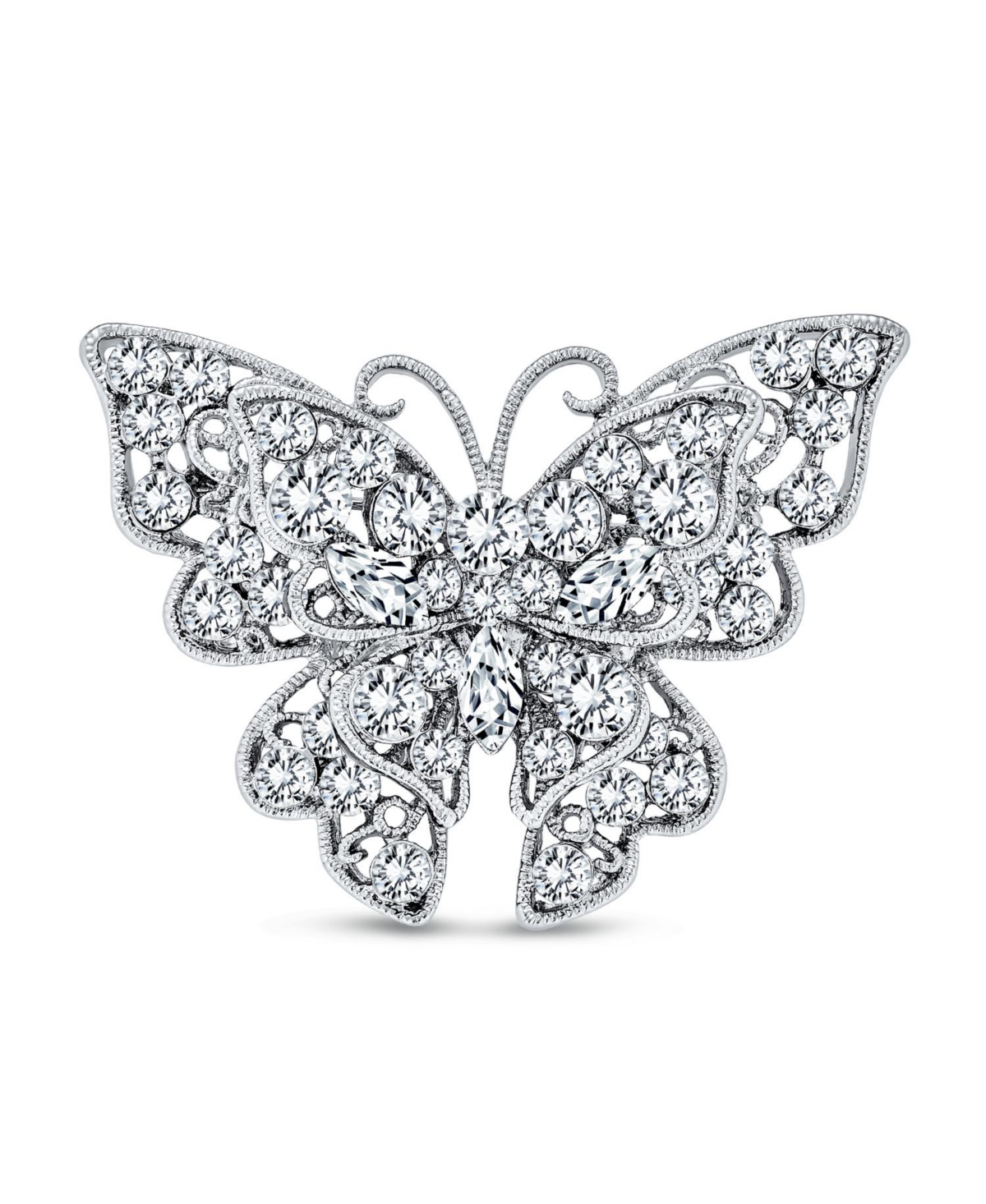 Large Crystal Filigree Butterfly Brooch Pin Fashion Statement Silver Plated Brass - Light blue