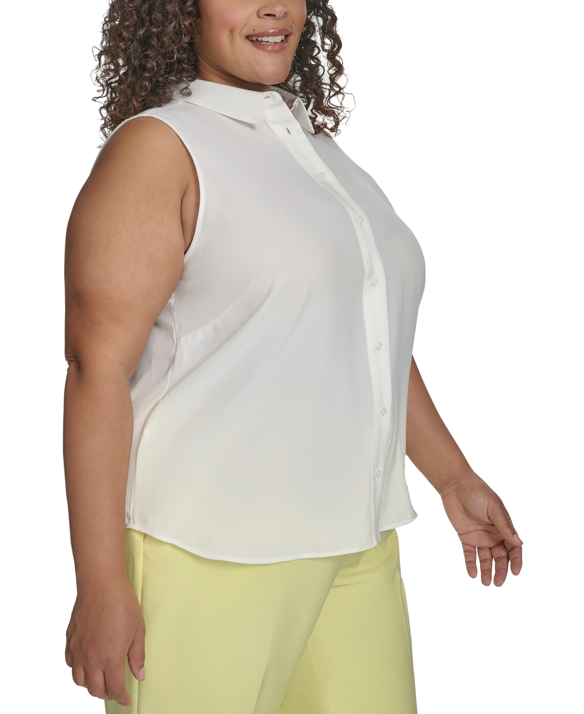 DKNY PLUS SIZE BUTTON-FRONT SLEEVELESS SATIN BLOUSE 
