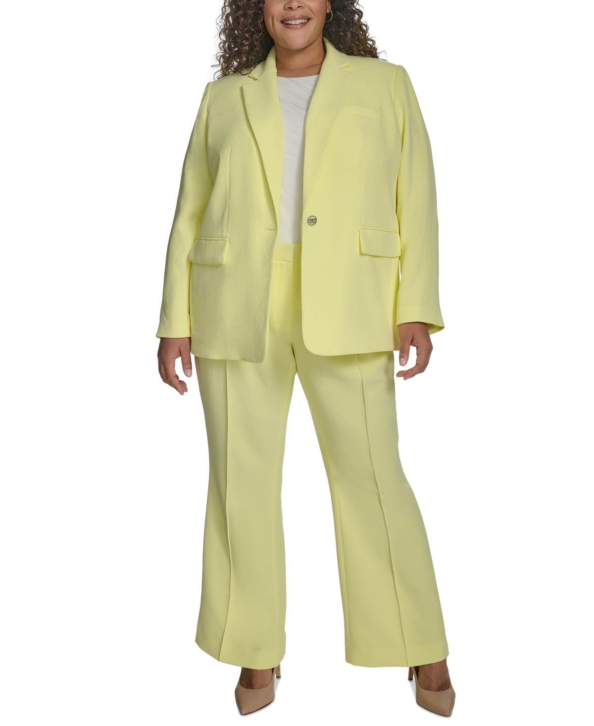 Dkny Plus Size Notched-collar One-button Crepe Blazer In Light Lemon