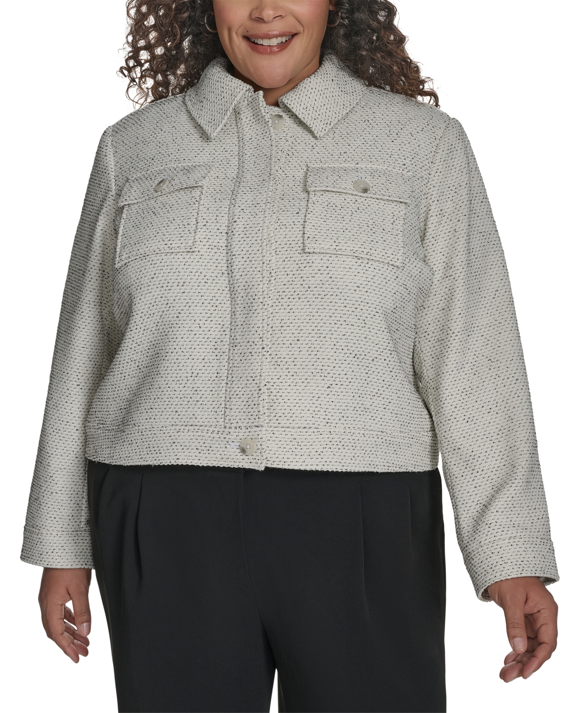 Dkny Plus Size Cropped Long-sleeve Tweed Trucker Jacket In Black