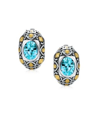 Two-Tone Bali Style Aqua Blue Oval Clip-On Earrings with Simulated Aquamarine CZ