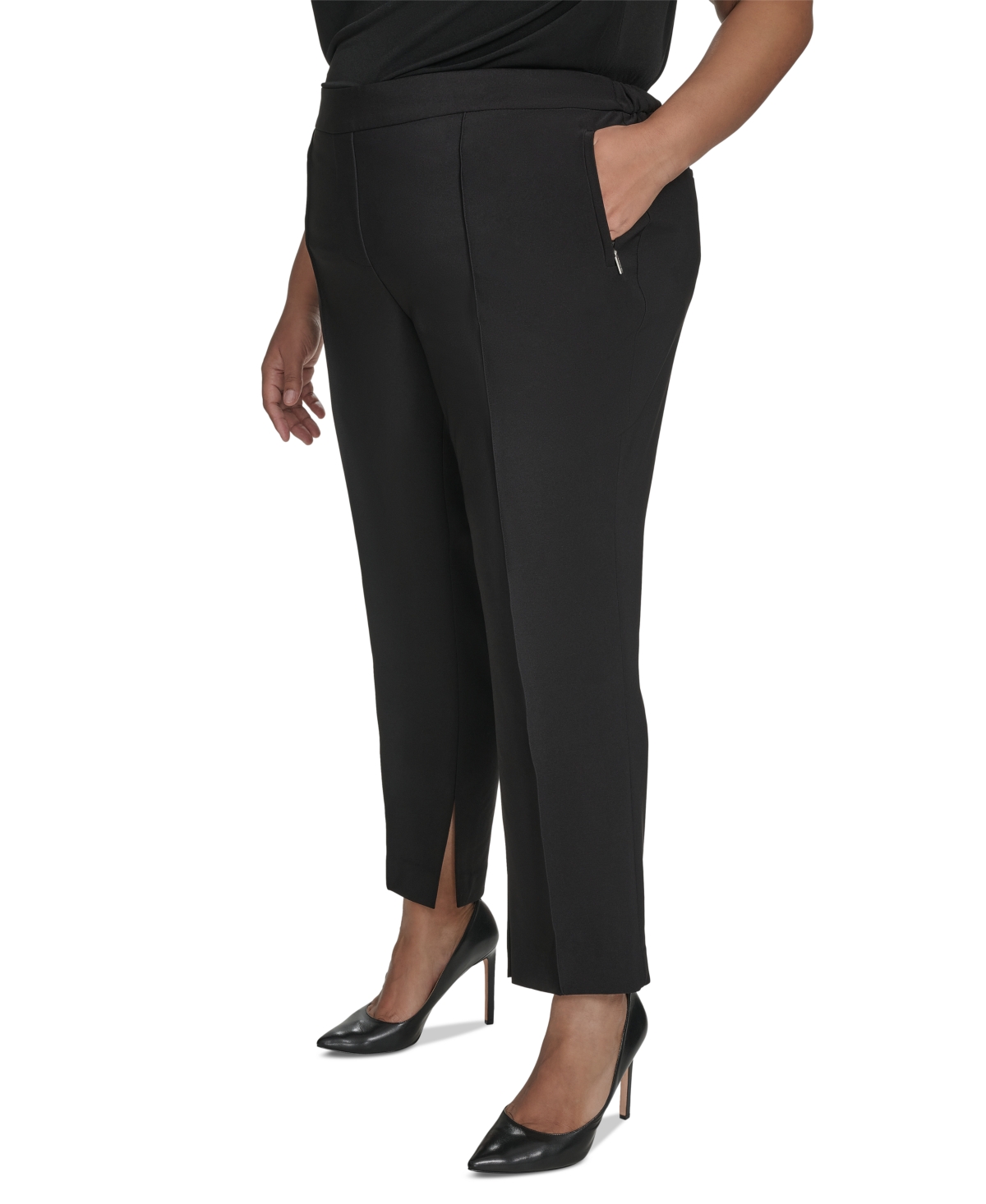 Dkny Plus Size Mid-rise Zipper-pocket Split-hem Pants In Black