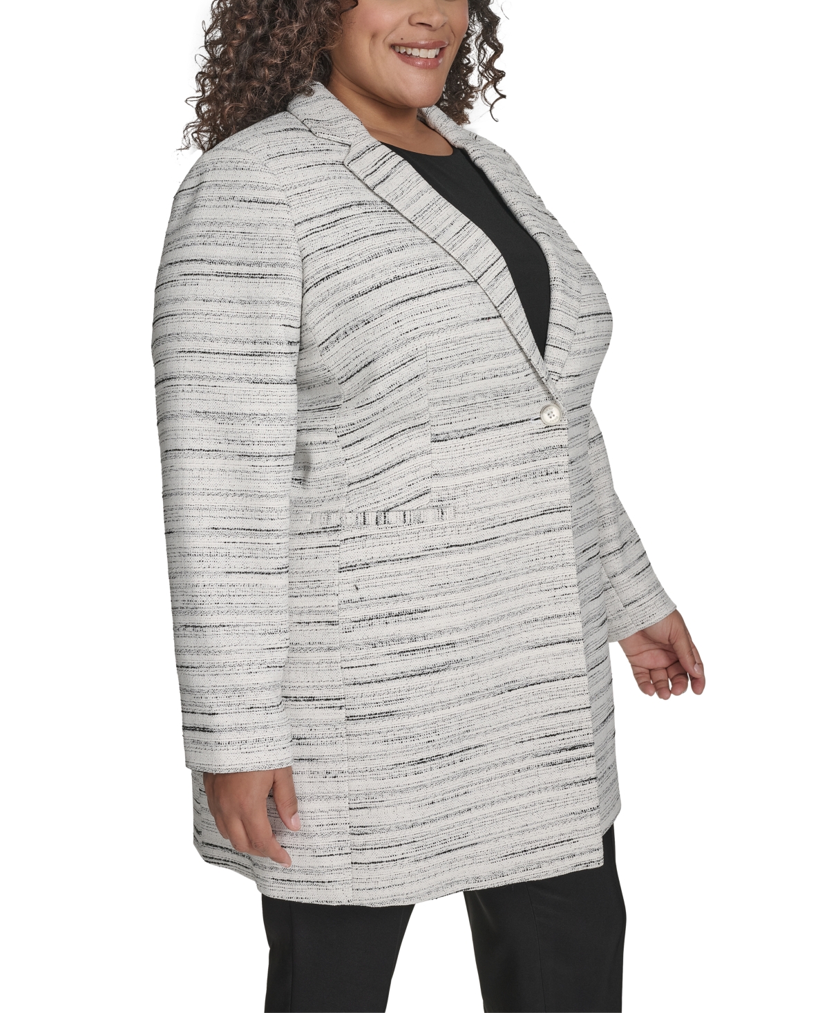Dkny Plus Size Tweed One-button Notch-collar Topper In Ivory,black