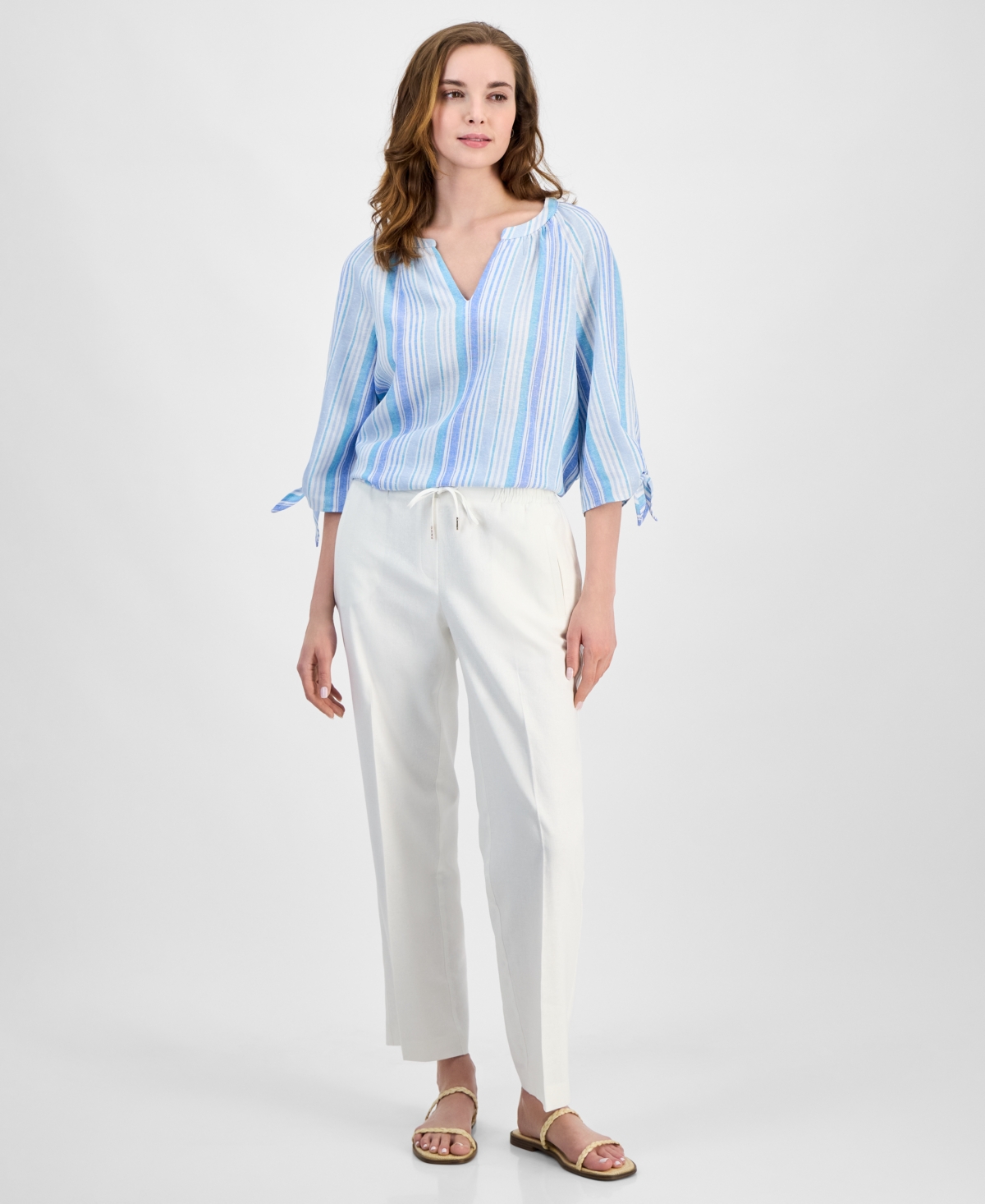 Jones New York Stripe Three Quarter Sleeve Linen Blend V-neck Top In Nyc White