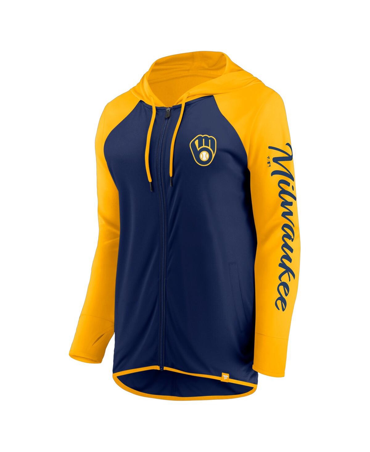 Fanatics Women's Navy/gold Milwaukee Brewers Script Sleeve Full-zip Hoodie In Navy,gold