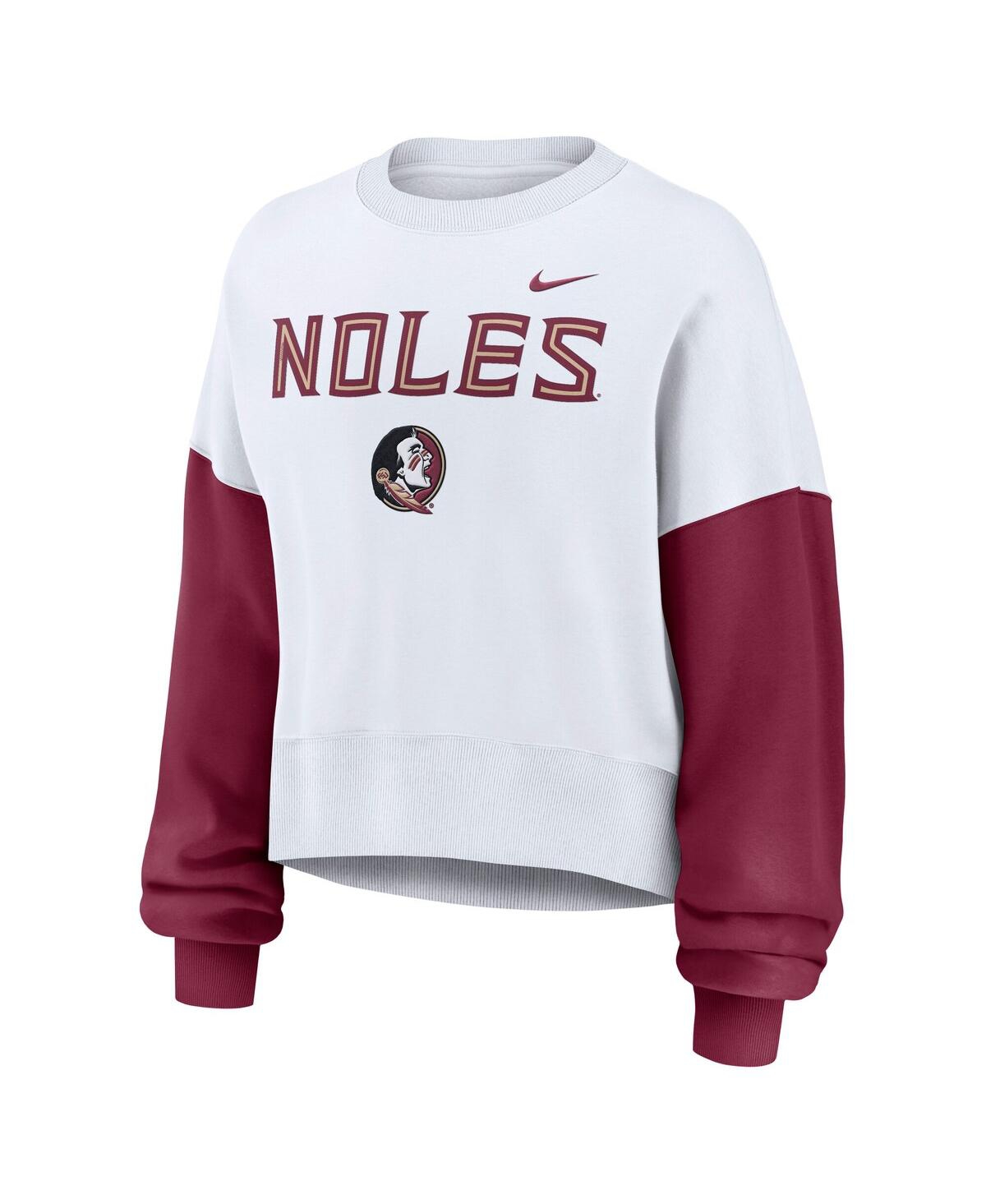 Nike Women's White Florida State Seminoles Color Block Oversized Cropped Pullover Sweatshirt In White