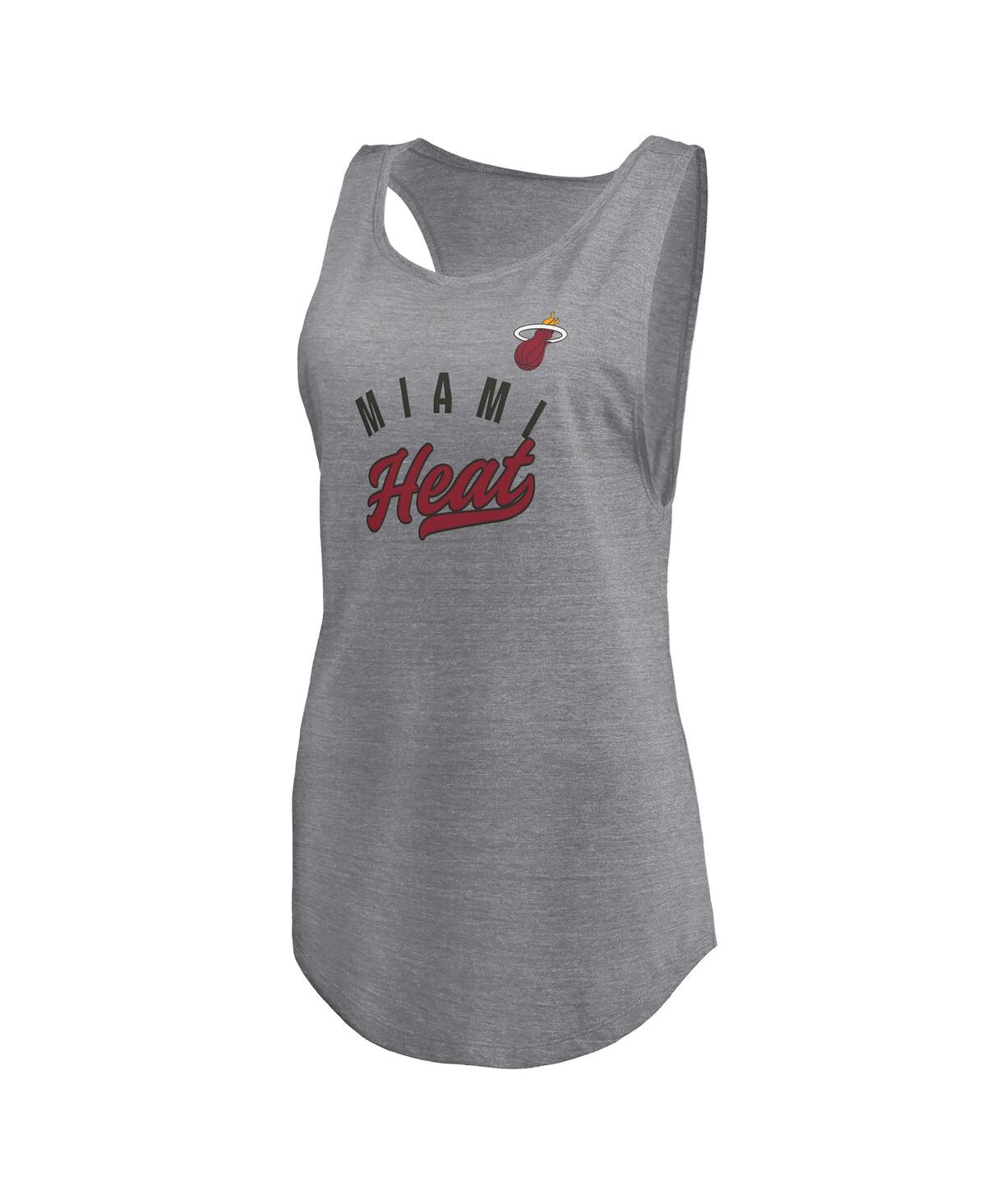 Fanatics Women's Heathered Gray Miami Heat Quality Time Open Scoop Neck Tri-blend Tank Top In Heathered Gray