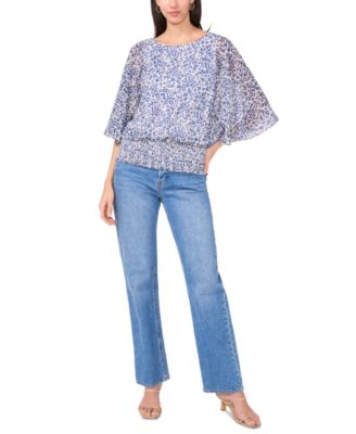 トップス AMERI UND WAIST BLOUSING BLOUS Sam & Jess Women's Round-Neck 3/4-Sleeve Smocked-Waist