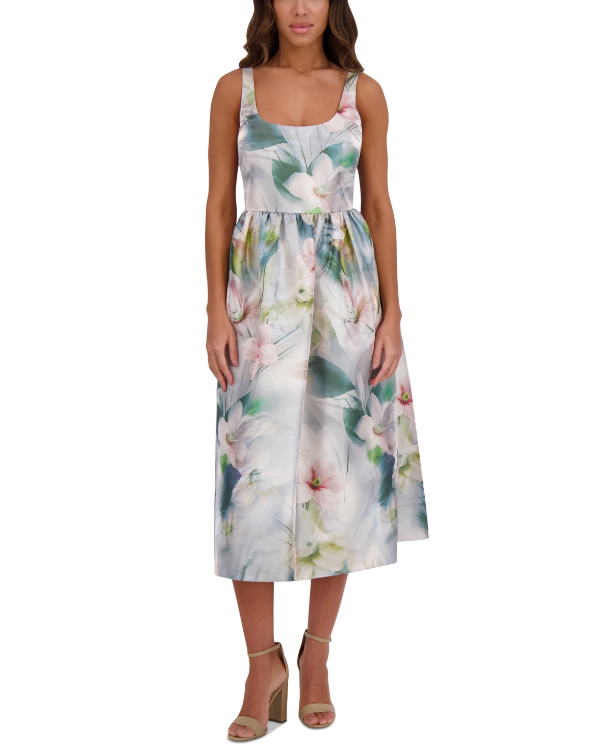 Women's Printed Shimmer Twill Scoop-Neck Midi Dress - Multi