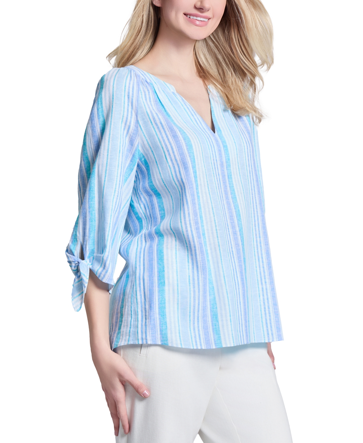 Jones New York Stripe Three Quarter Sleeve Linen Blend V-neck Top In Tbd Multi Stripe