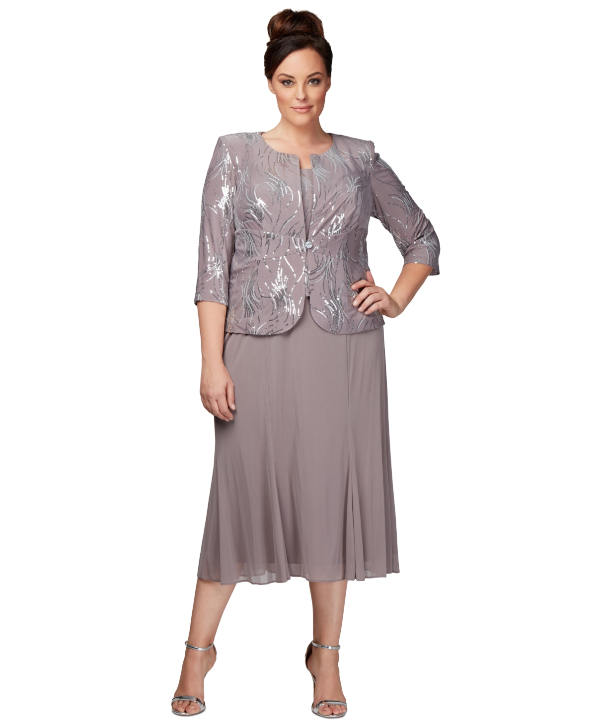 Alex Evenings Plus Size Sequined Chiffon Dress And Jacket In Pewter Frost