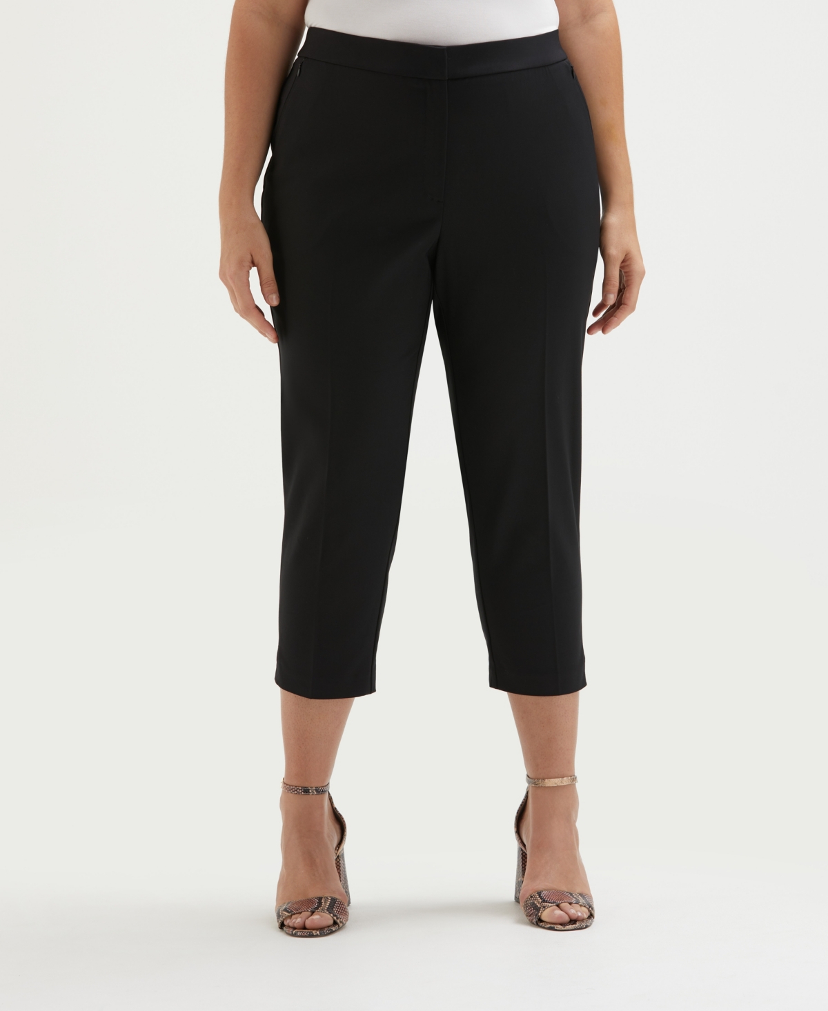 Plus Size Satin Mid Rise Twill Capri Pants with Slant Pocket - Navy