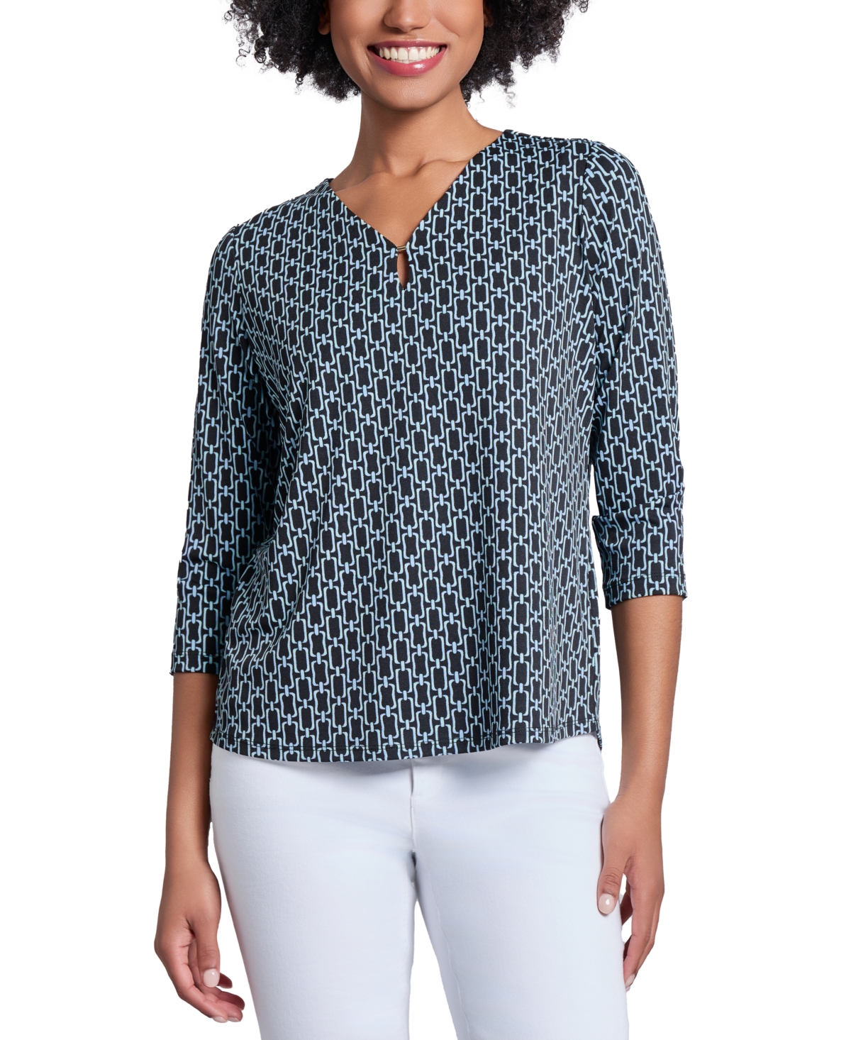 Petite Printed 3/4-Sleeve Top - Jones Black Multi