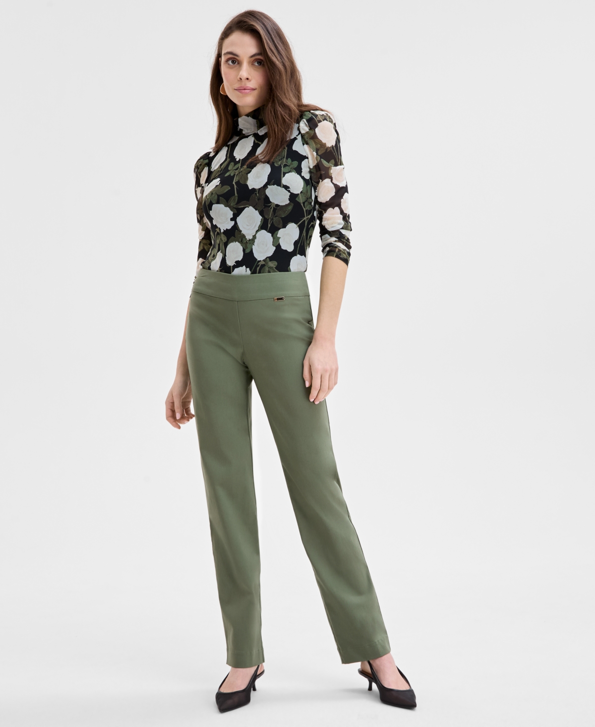 Inc International Concepts Women's Tummy-control Pull-on Straight-leg Pants, Created For Macy's In Olivine