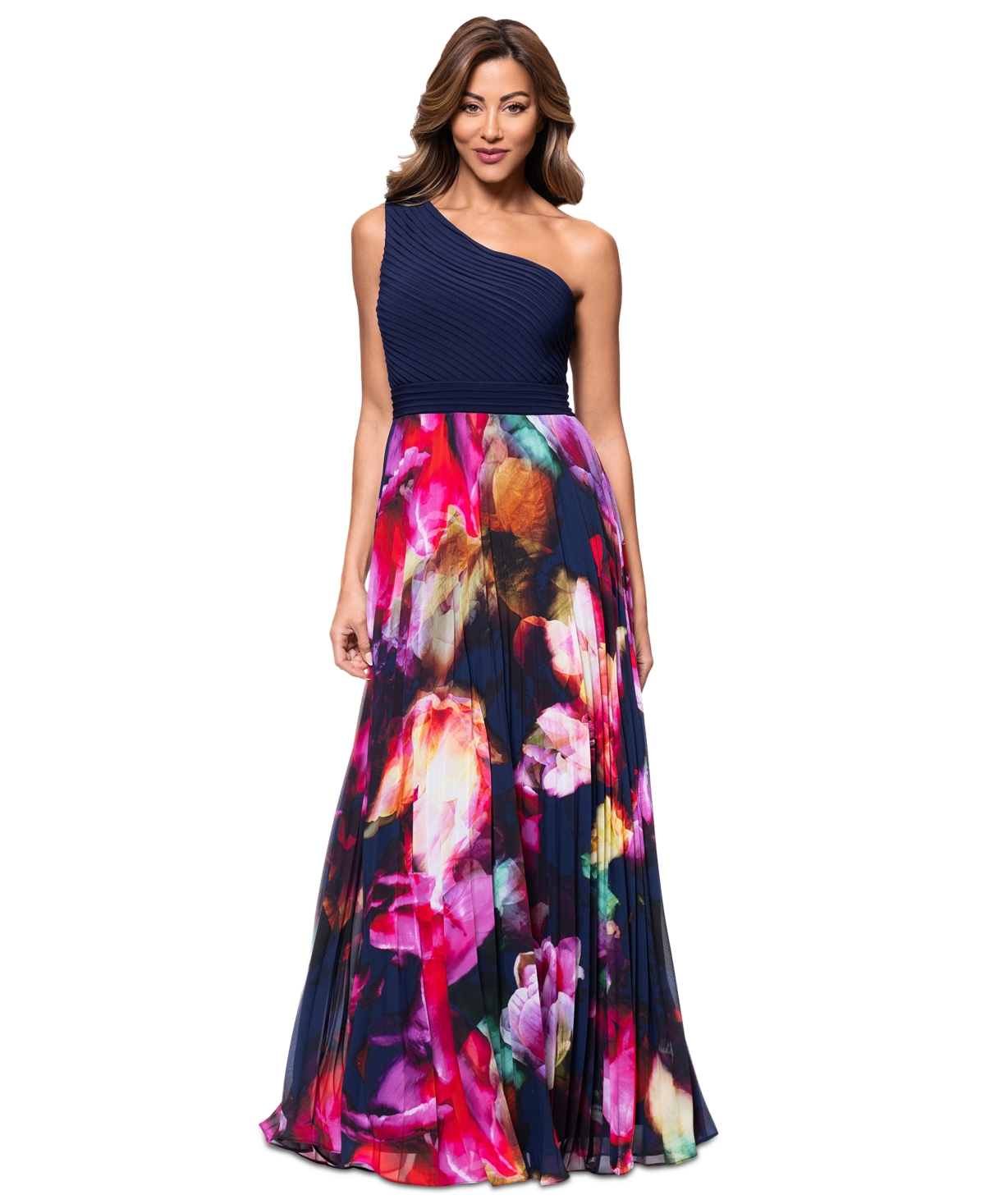 Women's One-Shoulder Mixed-Media Chiffon Gown - Navy/Fucshia