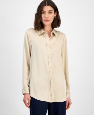 Tahari ASL - Women's Satin Long-Sleeve Button-Front Blouse