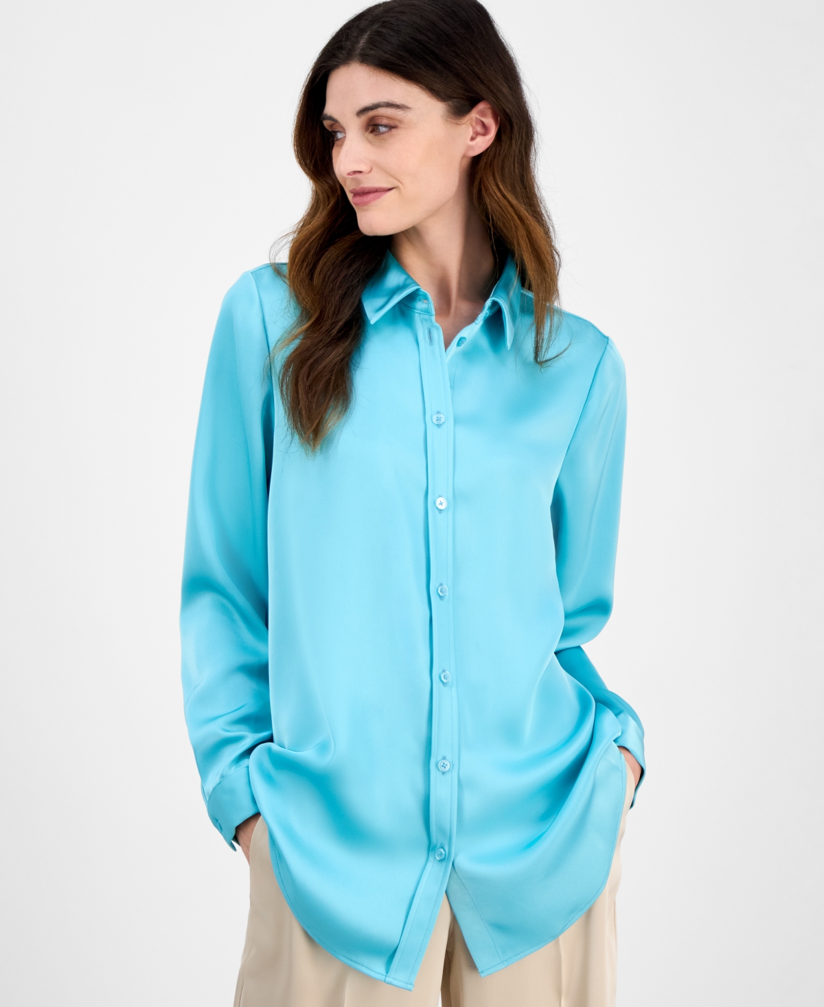 Women's Satin Long-Sleeve Button-Front Blouse - Sand