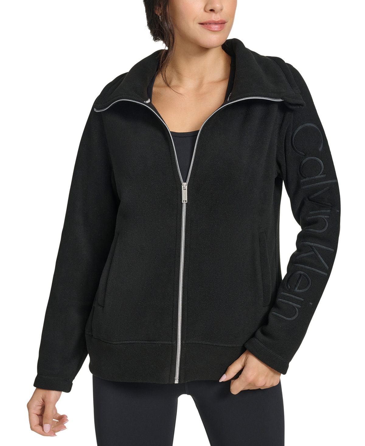 Calvin Klein Women's Active Tech Fleece Mock-neck Jacket In Black