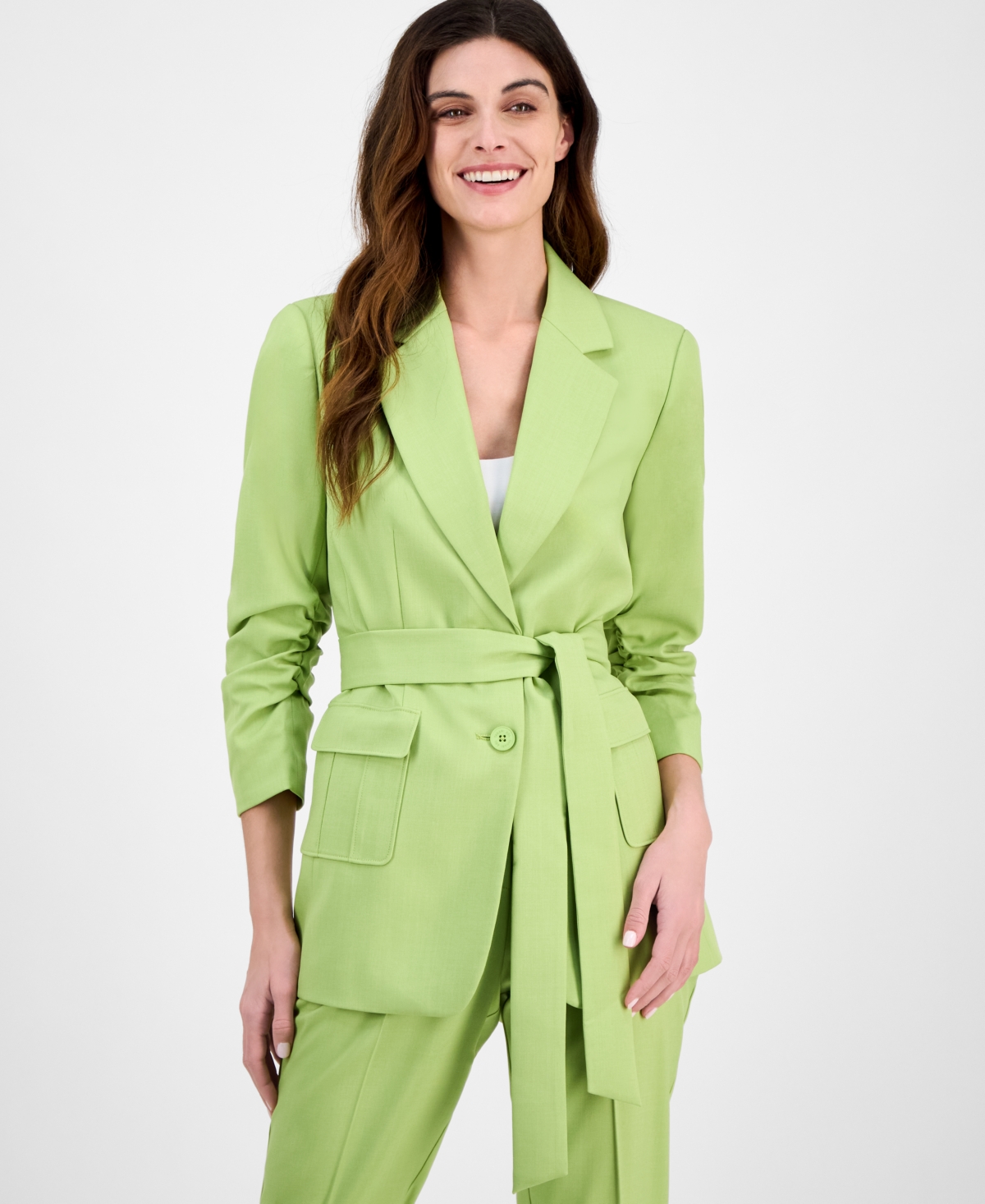 Tahari Asl Ruched Sleeve Belted Jacket In Fern