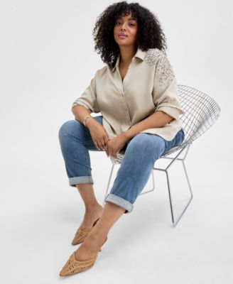 Inc International Concepts Plus Size Embellished Button Top Slim Tech Rolled Cuff Boyfriend Jeans Exclusively At Macys In Natural Sand