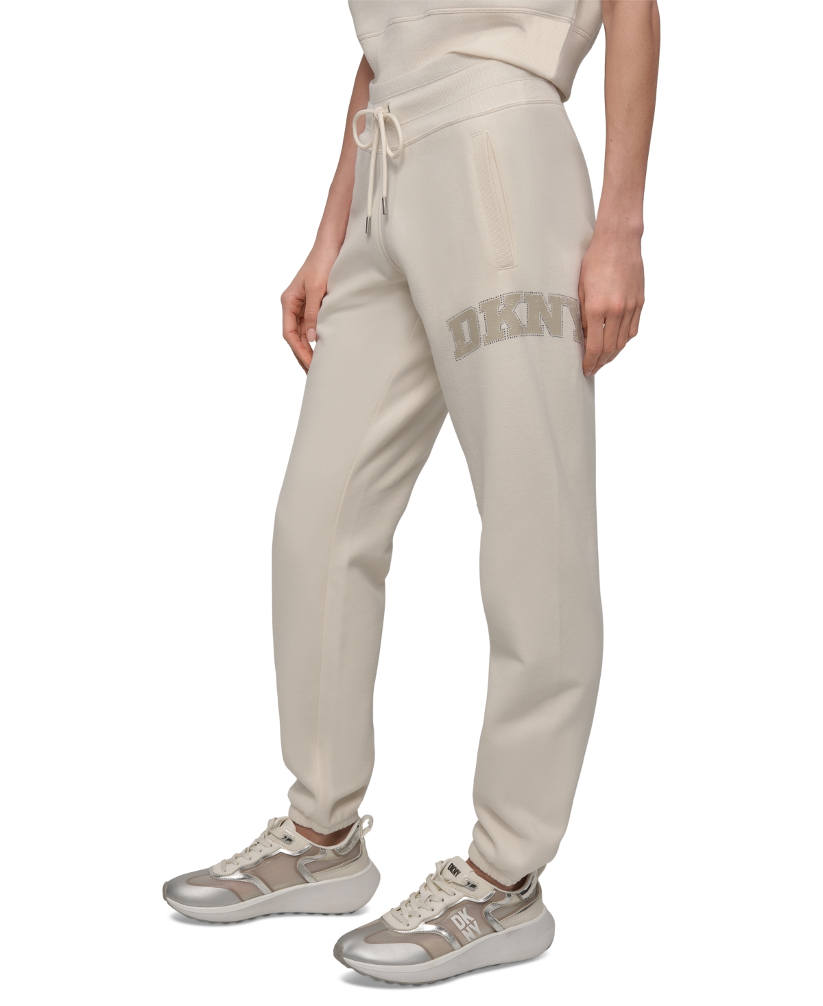 Shop Dkny Sport Women's Rhinestone Logo Relaxed Joggers In Eggnog