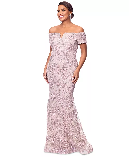 women's off-the-shoulder soutache lace gown