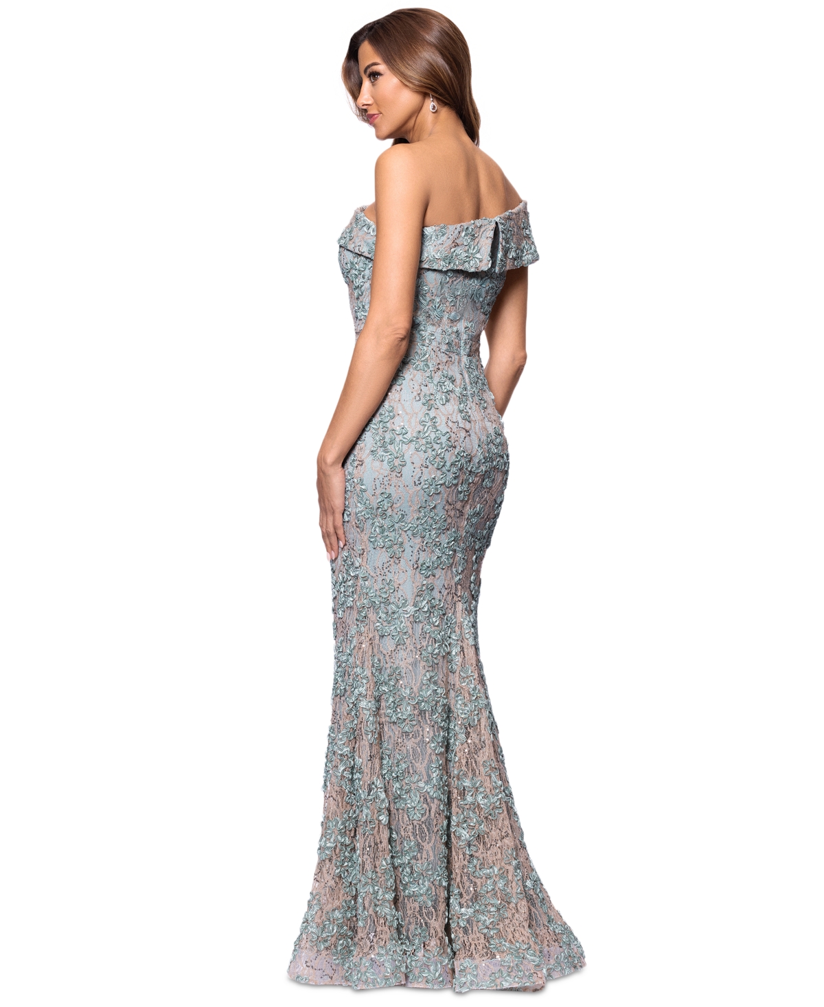 Xscape Women's One-shoulder Soutache Lace Gown In Sage,gold